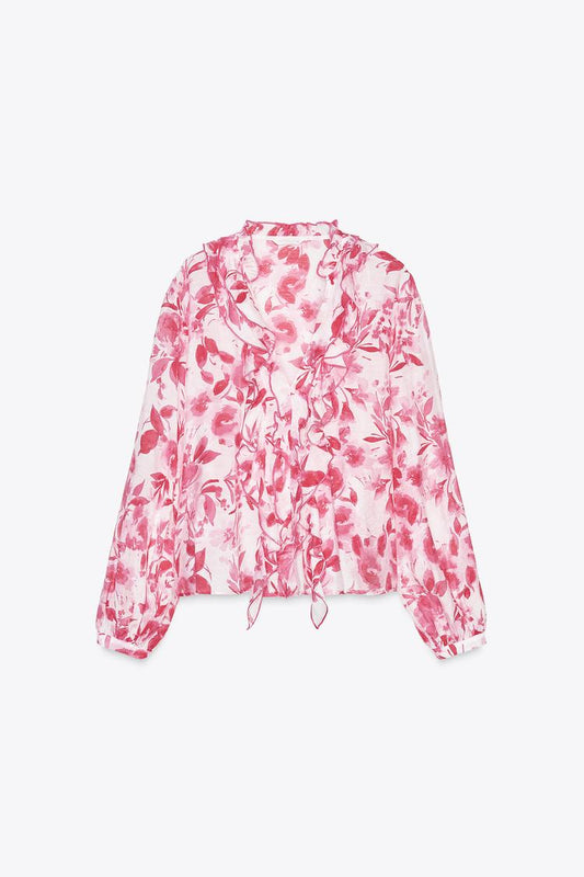 BLUSA ESTAMPADA COM BABADOS