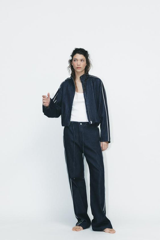 CASACO DENIM COM FAIXA COMBINADA