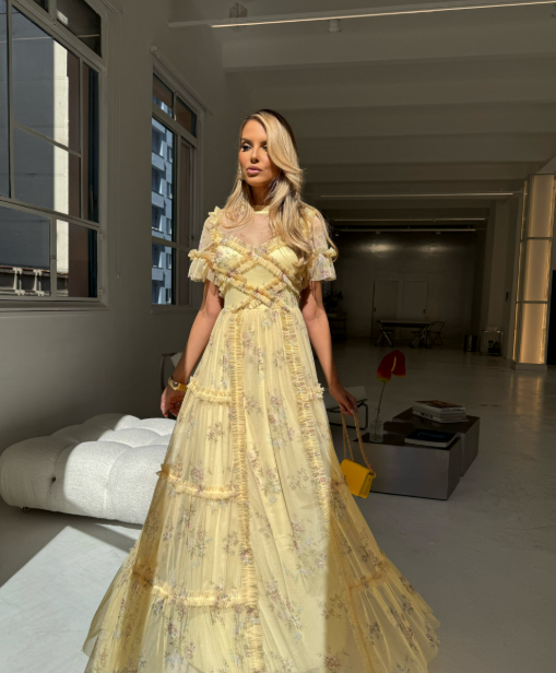 Vestido Tule Estampado Floral Adele Amarelo